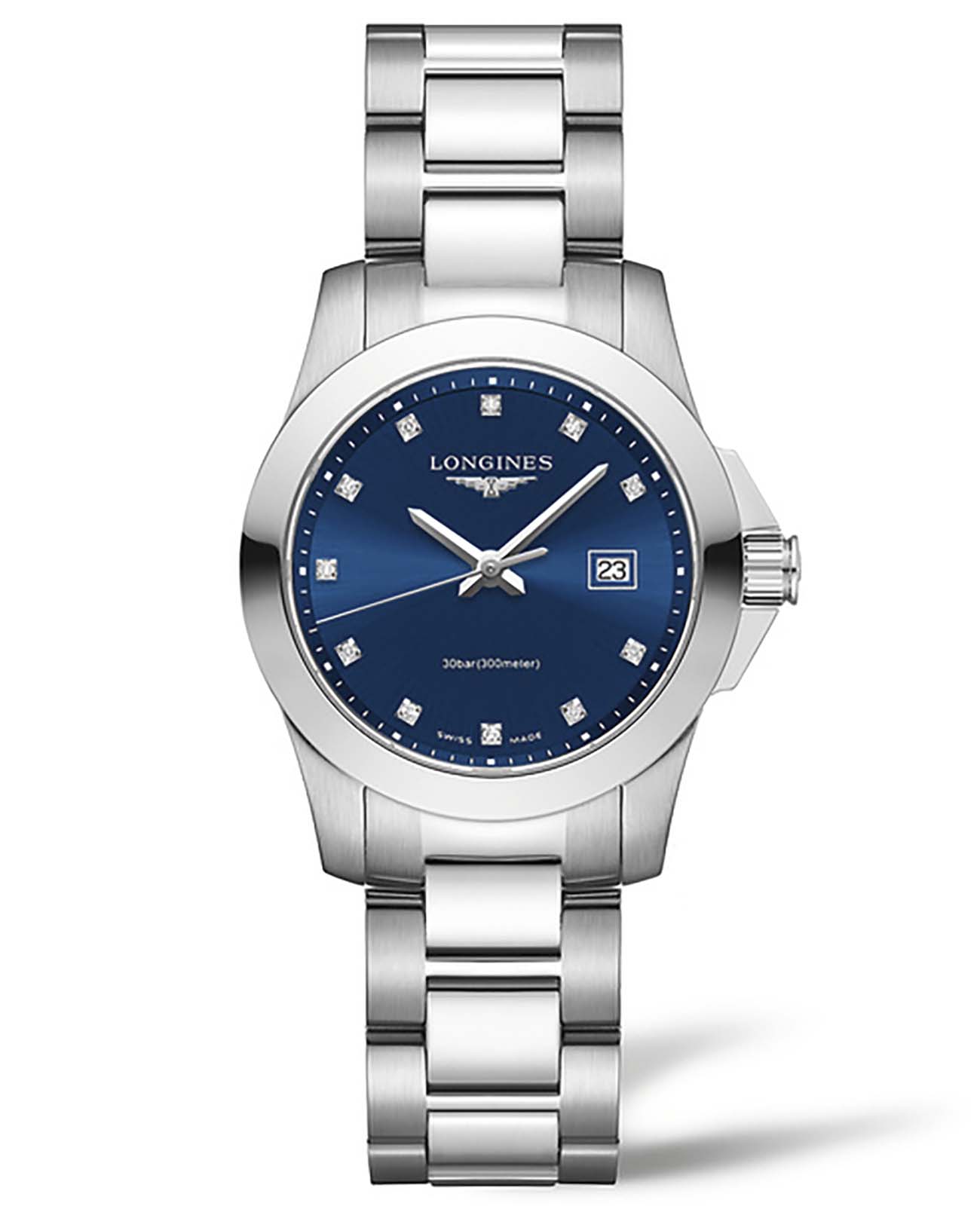 Longines Longines Conquest L3.376.4.97.6  L33764976 кварцевые женские часы синий циферблат, браслет нержавеющая сталь — вид спереди